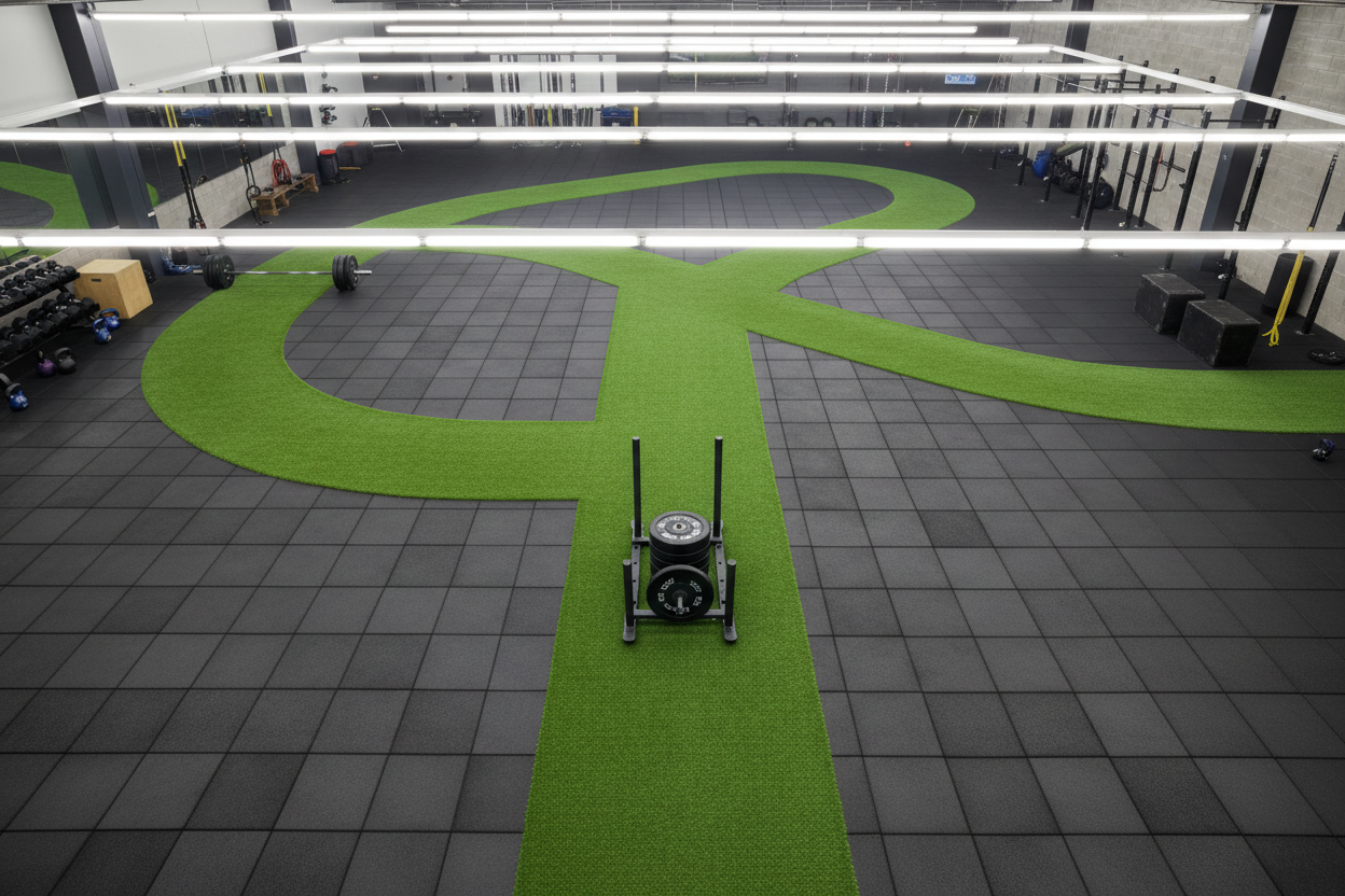 Square format CrossFit gym with seamless tiles and turf maze